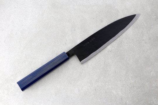 Gyuto 210mm Ishikawa Shirogami - Kurouchi finished, Urushi handle blue