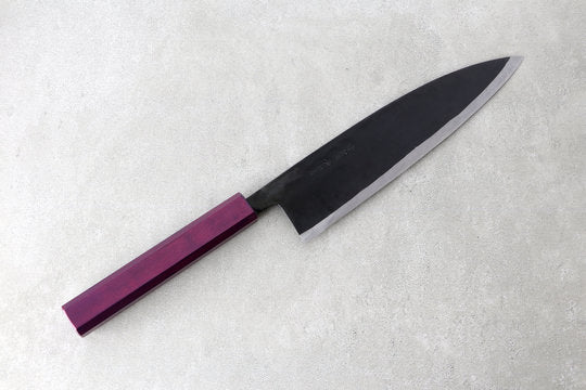 Gyuto 210mm Ishikawa Shirogami - Kurouchi finished, Urushi handle purple