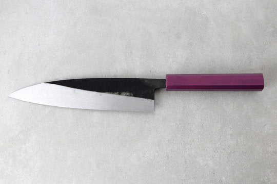 Gyuto 210mm Ishikawa Shirogami - Kurouchi finished, Urushi handle purple
