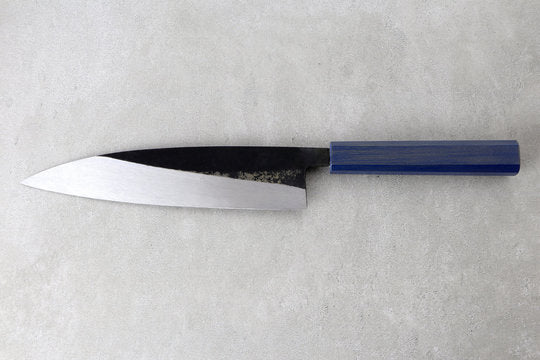 Gyuto 210mm Ishikawa Shirogami - Kurouchi finished, Urushi handle blue