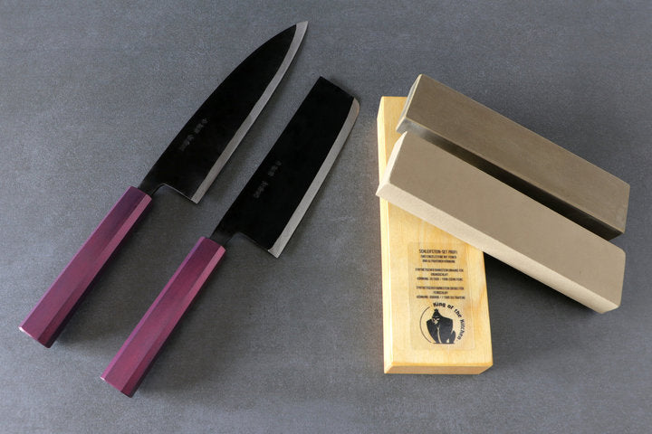 Shirogami Messerset mit Schleifsteinset  - Gyuto 210mm, Nakiri 165mm,